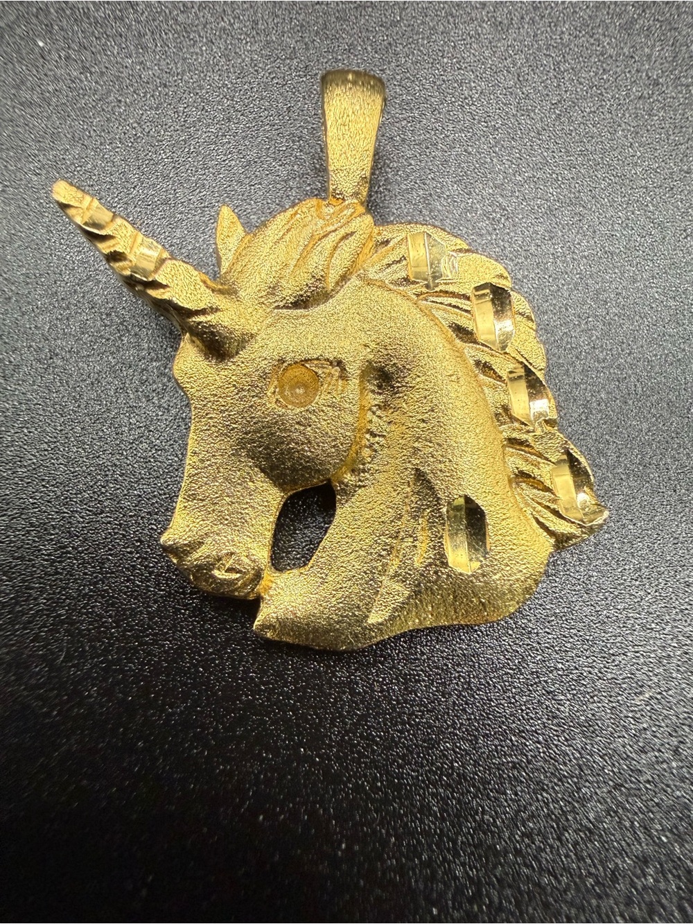 Vintage 80s Unicorn Pendant Yellow Gold Tone Diamond Cut Satin Finish Portrait